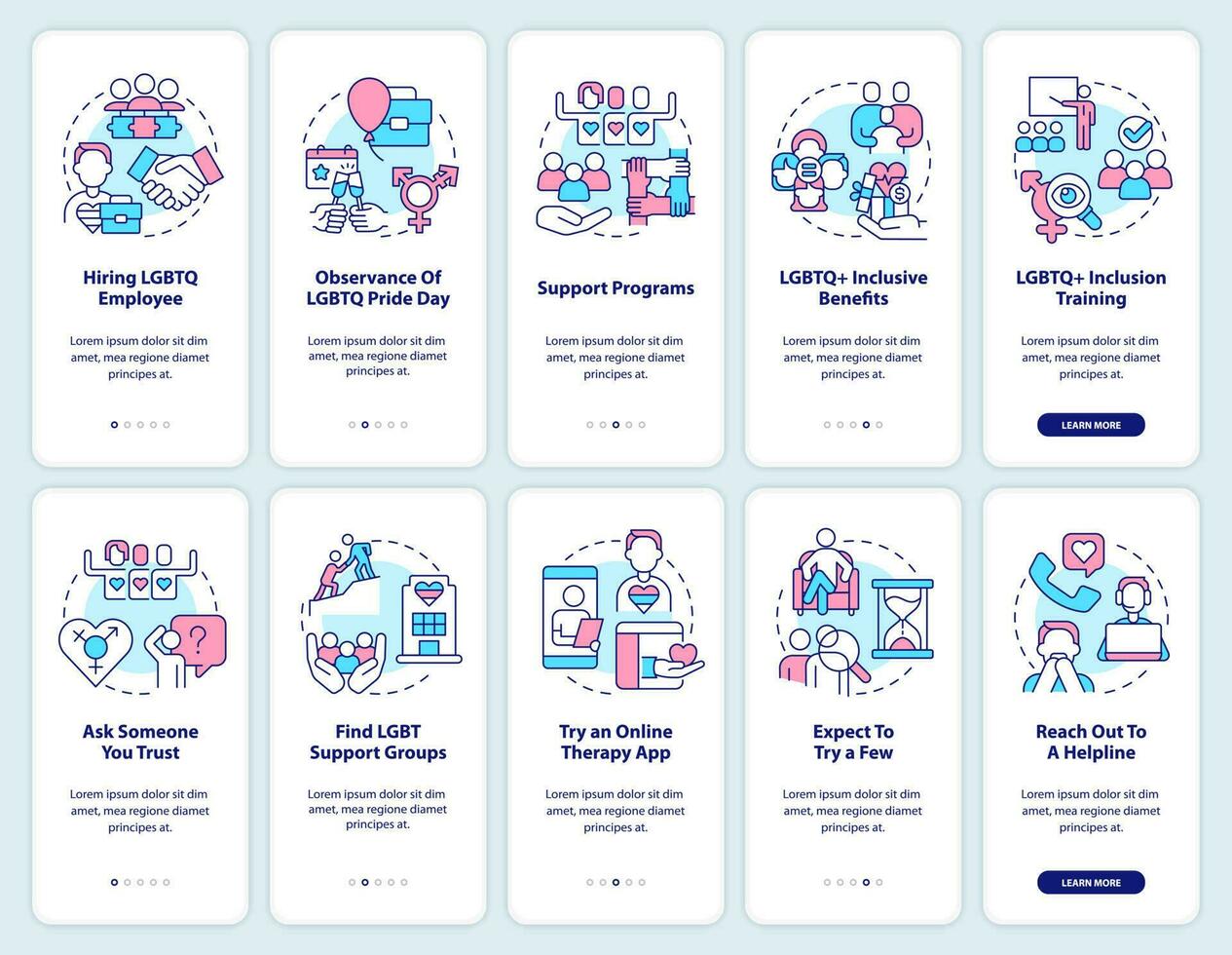 LGBTQI workplace and therapist onboarding mobile app screens set