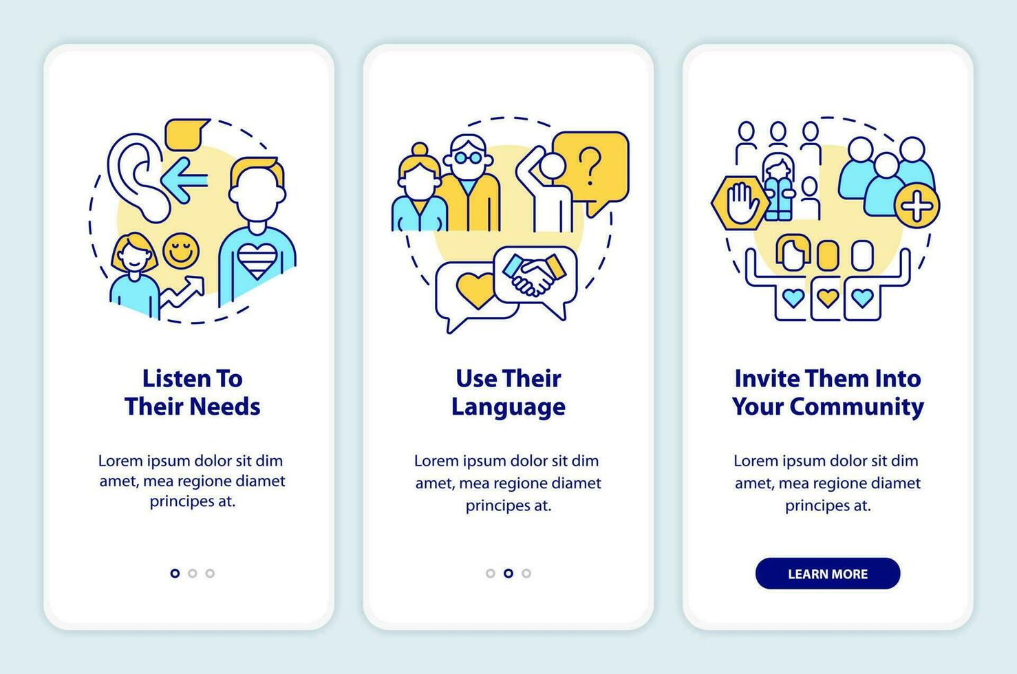Support LGBTQ seniors onboarding mobile app screen. Community walkthrough 3 steps editable graphic instructions with linear concepts. UI, UX, GUI template vector