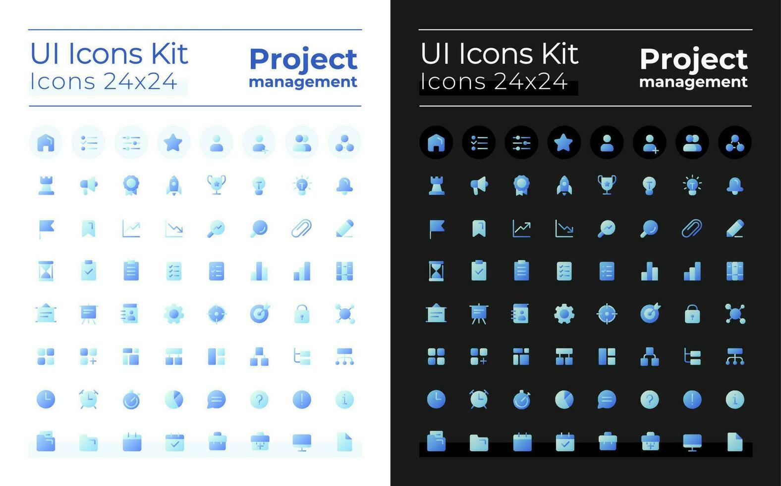Project management pixel perfect flat gradient two-color ui icons kit for dark, light mode. Business plan. Vector isolated RGB pictograms. GUI, UX design for web, mobile
