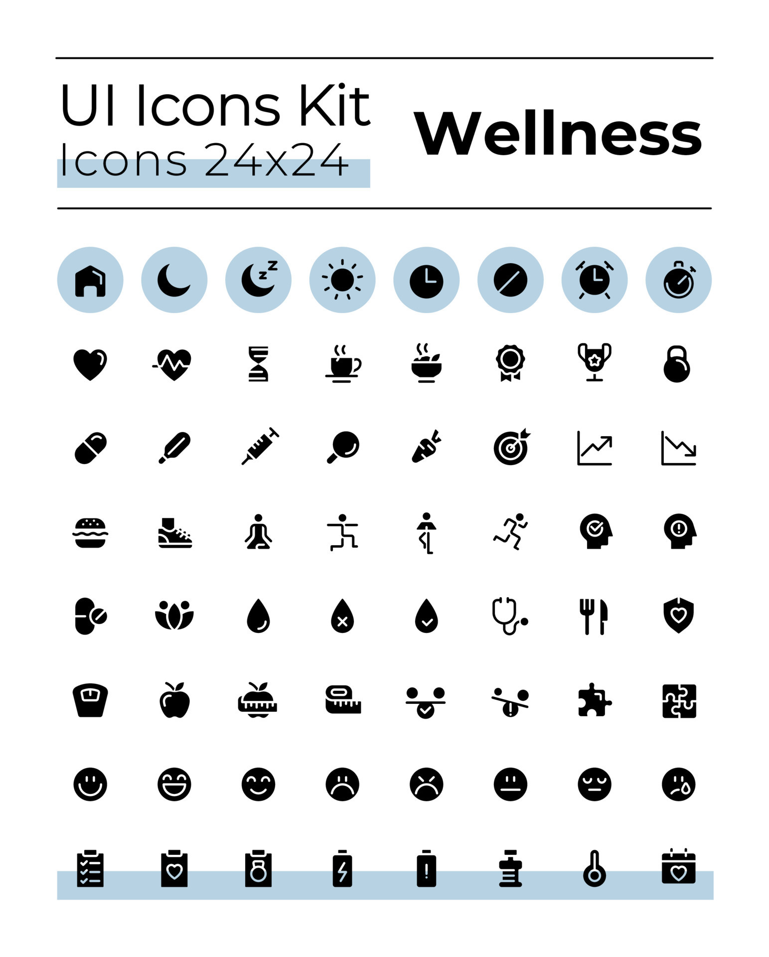 Health and wellness black glyph ui icons set. Wellbeing ...