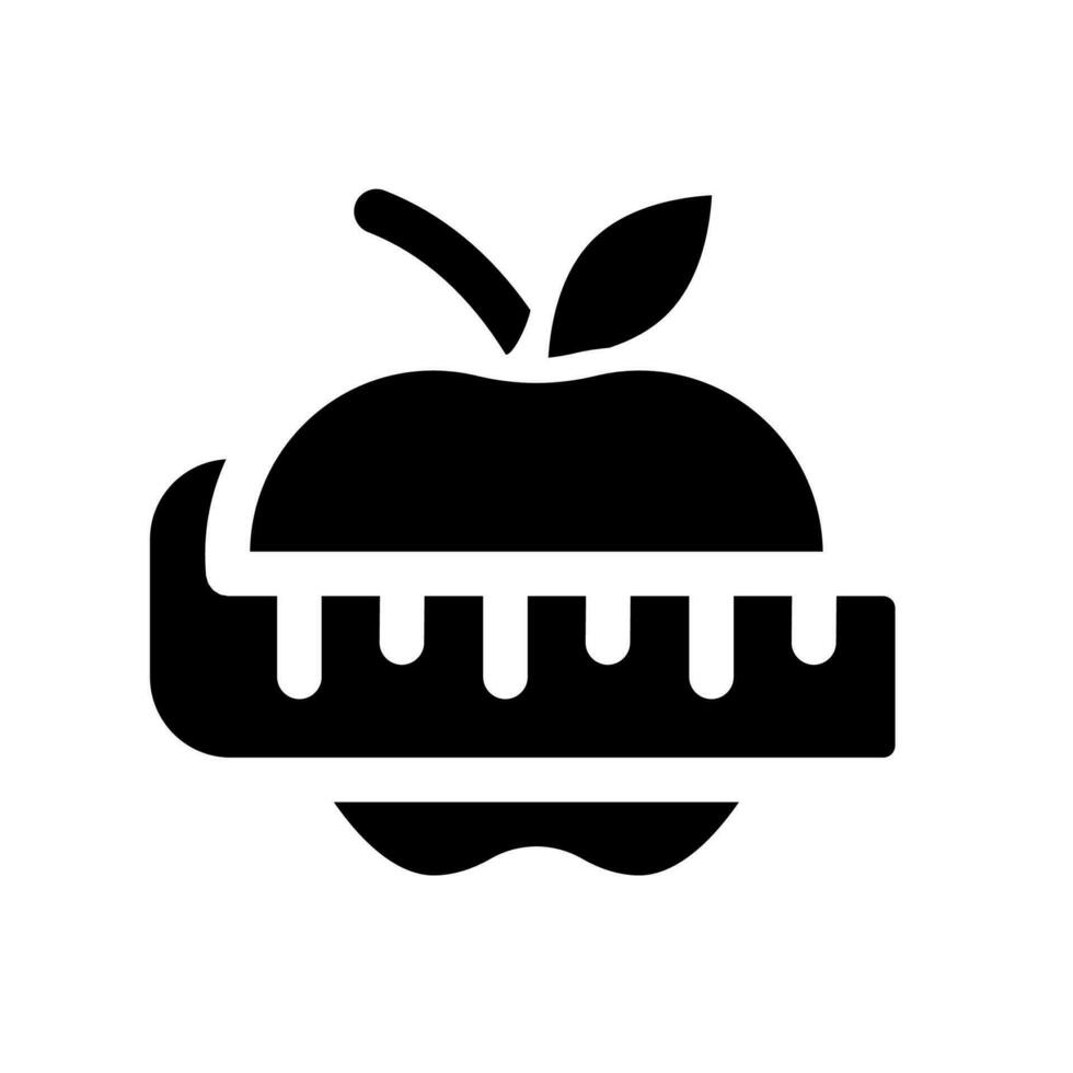 Apple and measuring tape black glyph ui icon. Weight loss. Dietary nutrition. User interface design. Silhouette symbol on white space. Solid pictogram for web, mobile. Isolated vector illustration