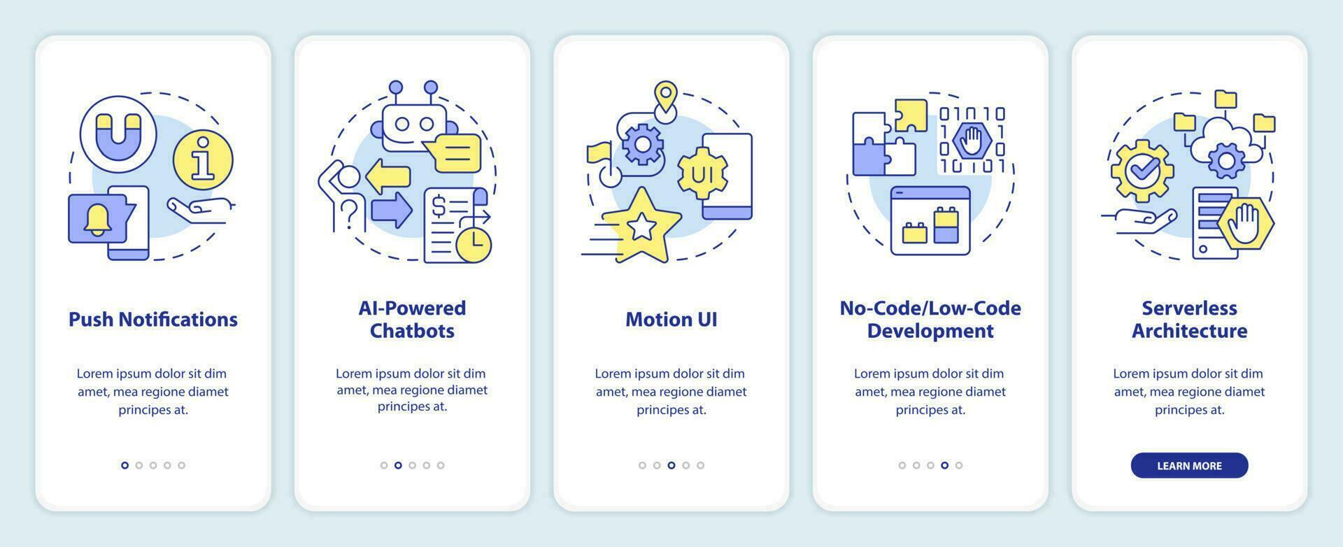 Website technology tendency onboarding mobile app screen. Walkthrough 5 steps editable graphic instructions with linear concepts. UI, UX, GUI template vector