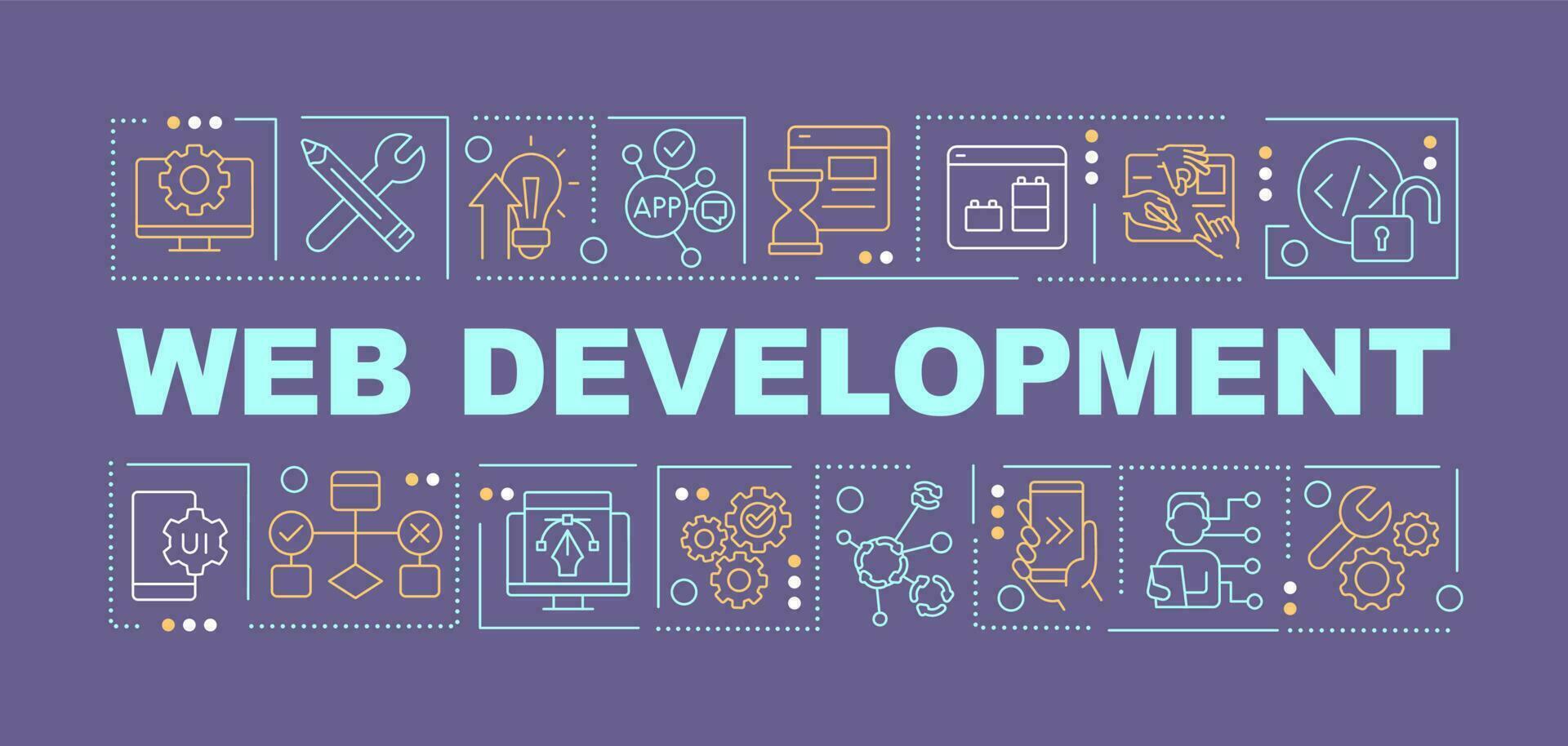Web development word concepts dark blue banner. App production. Infographics with editable icons on color background. Isolated typography. Vector illustration with text