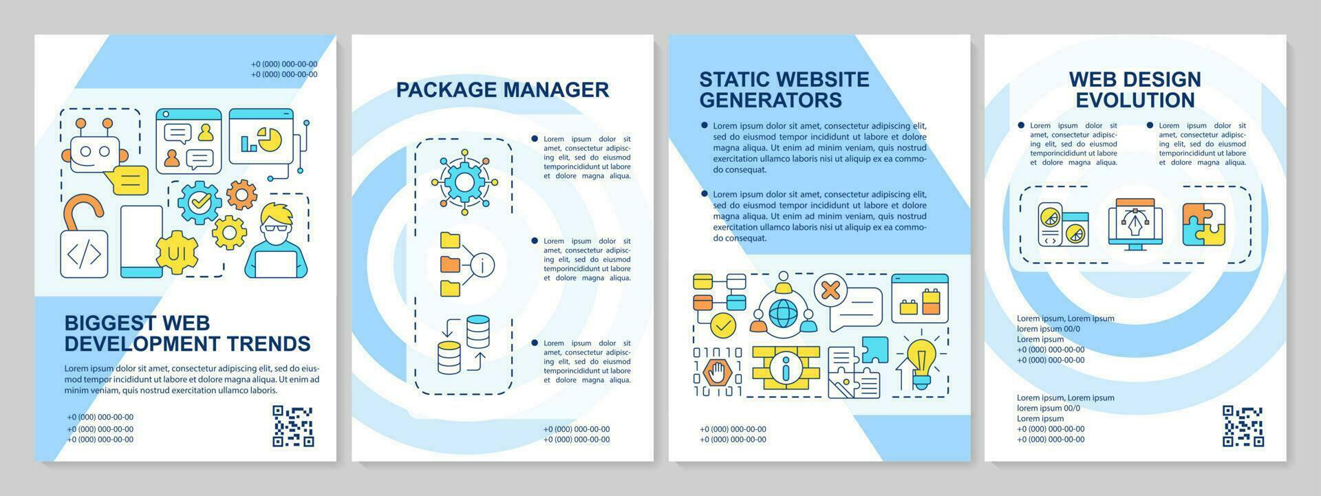 Top digital technology trends blue brochure template. Leaflet design with linear icons. Editable 4 vector layouts for presentation, annual reports