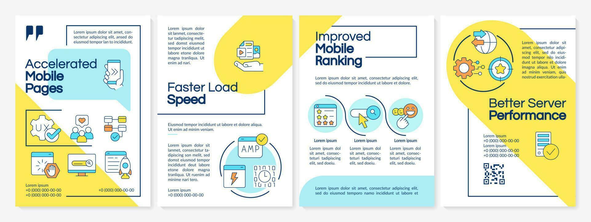 Accelerated mobile pages technology blue and yellow brochure template. Leaflet design with linear icons. Editable 4 vector layouts for presentation, annual reports
