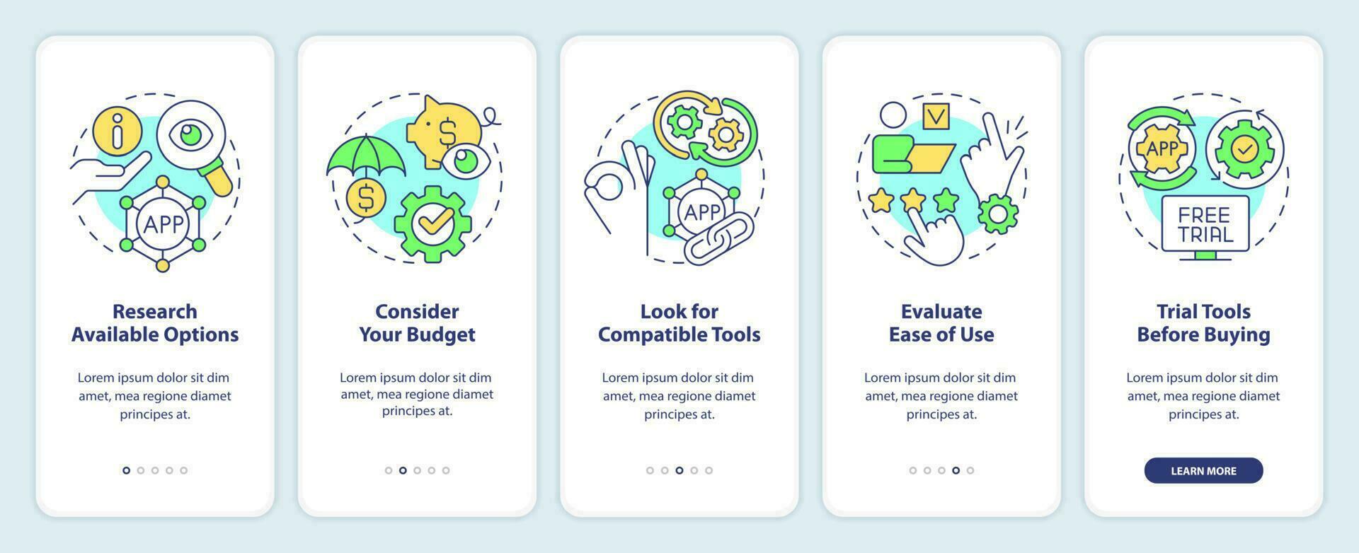Choosing business tools advices onboarding mobile app screen. Tips walkthrough 5 steps editable graphic instructions with linear concepts. UI, UX, GUI template vector