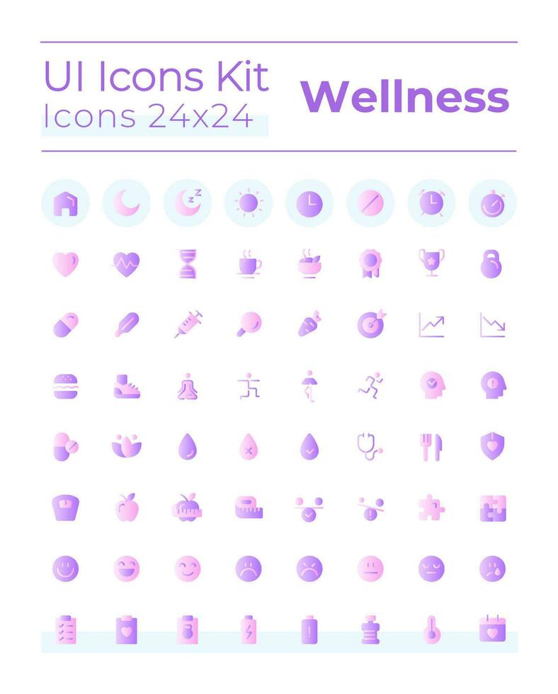 Health and wellness flat gradient two-color ui icons set. Lifestyle. Physical and mental wellbeing. Vector isolated RGB pictograms. GUI, UX design for web, mobile