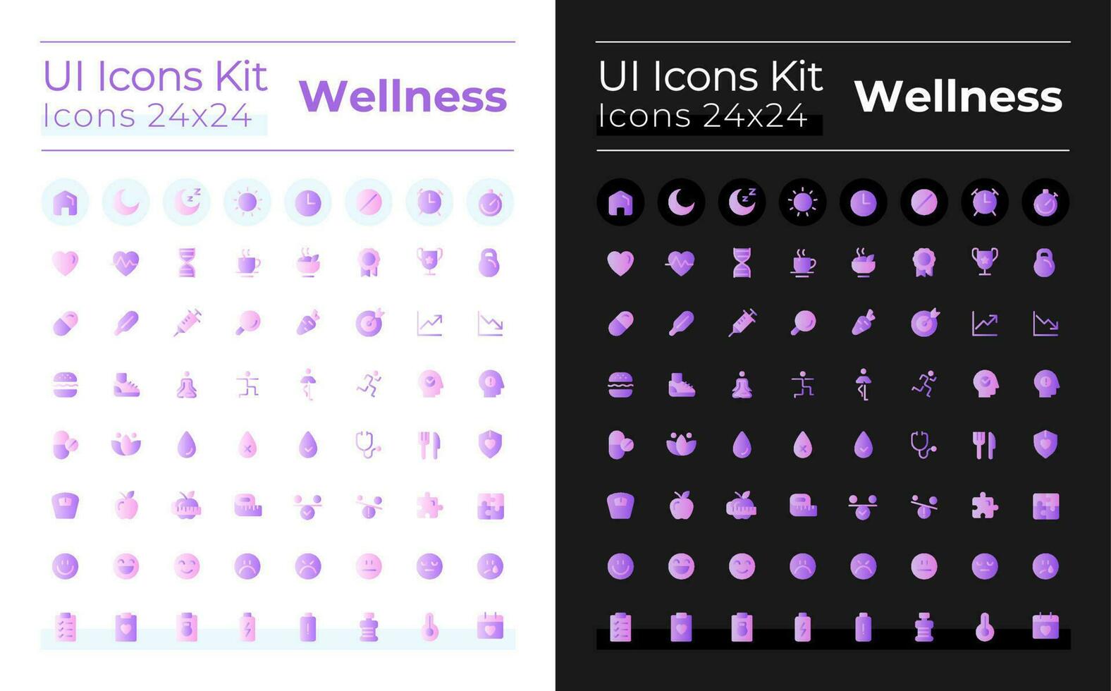 Wellness flat gradient two-color ui icons set for dark, light mode. Active and healthy lifestyle. Vector isolated RGB pictograms. GUI, UX design for web, mobile