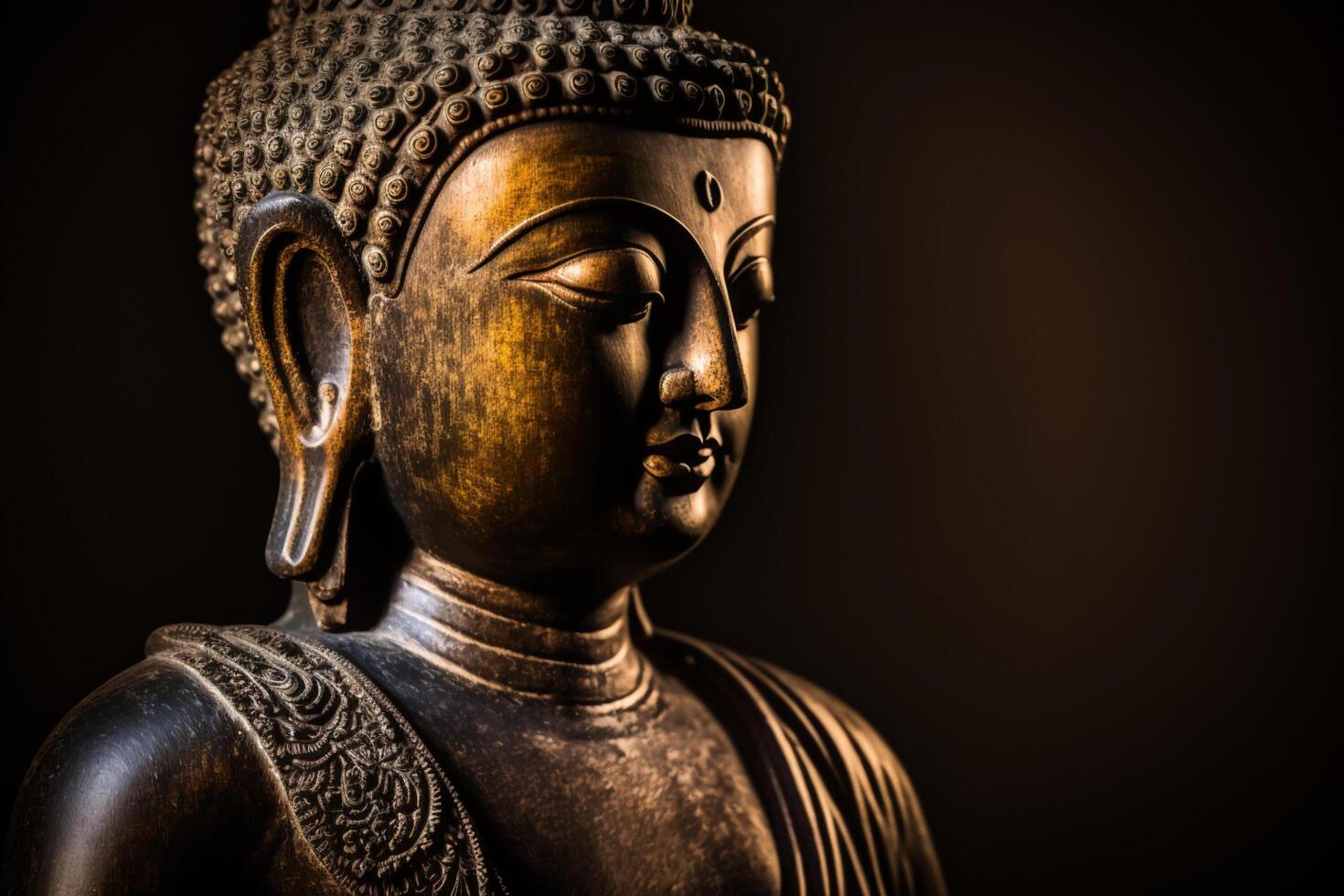 A thai buddha statue sits and meditating at buddhist temple. Ancient thailand buddha face. Background for vesak festival celebration. Vesak day concept. Vesak celebration day greetings by photo