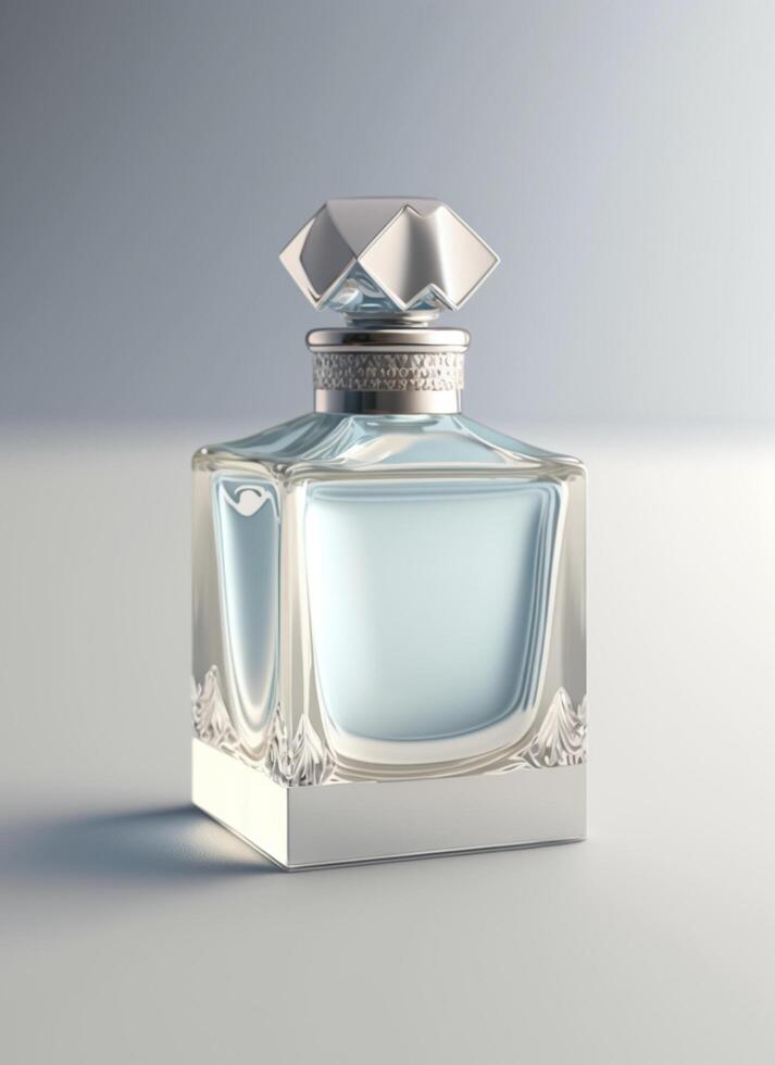 un alto clase botella de vaso perfume con ligero azul líquido. aromático perfume botellas en blanco antecedentes. belleza producto, cosmético, perfume día, fragancia día o perfume lanzamiento evento por ai generado foto