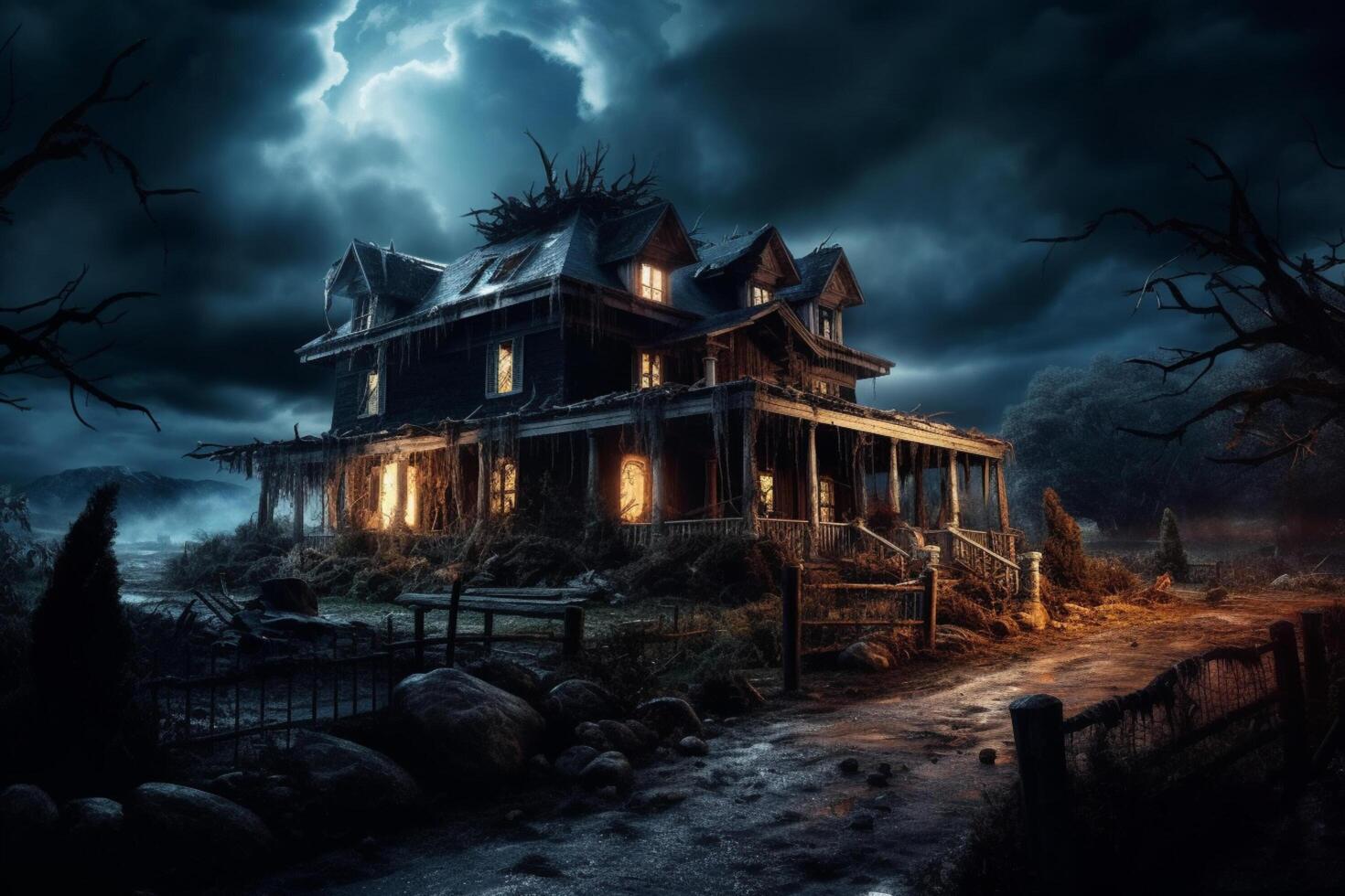 Haunted house on halloween celebration concept. Spooky house halloween background with deserted building and pumpkin. Scary house with creepy building at night by photo