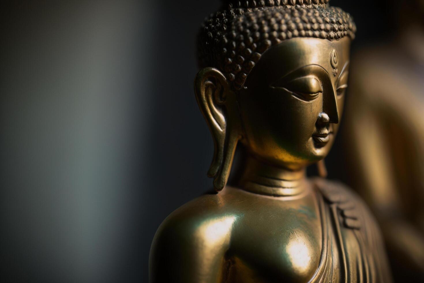 A thai buddha statue sits and meditating at buddhist temple. Ancient thailand buddha face. Background for vesak festival celebration. Vesak day concept. Vesak celebration day greetings by photo