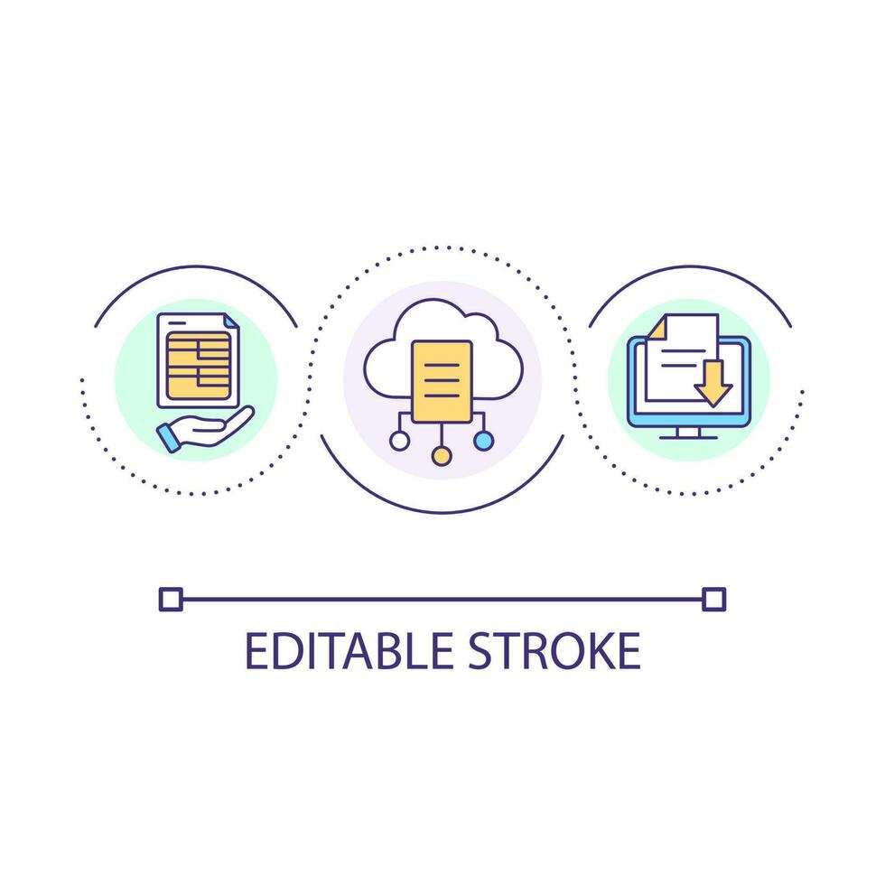 nube almacenamiento de información lazo concepto icono. base de datos en virtual servidor. papeleo digitalización resumen idea Delgado línea ilustración. aislado contorno dibujo. editable carrera vector