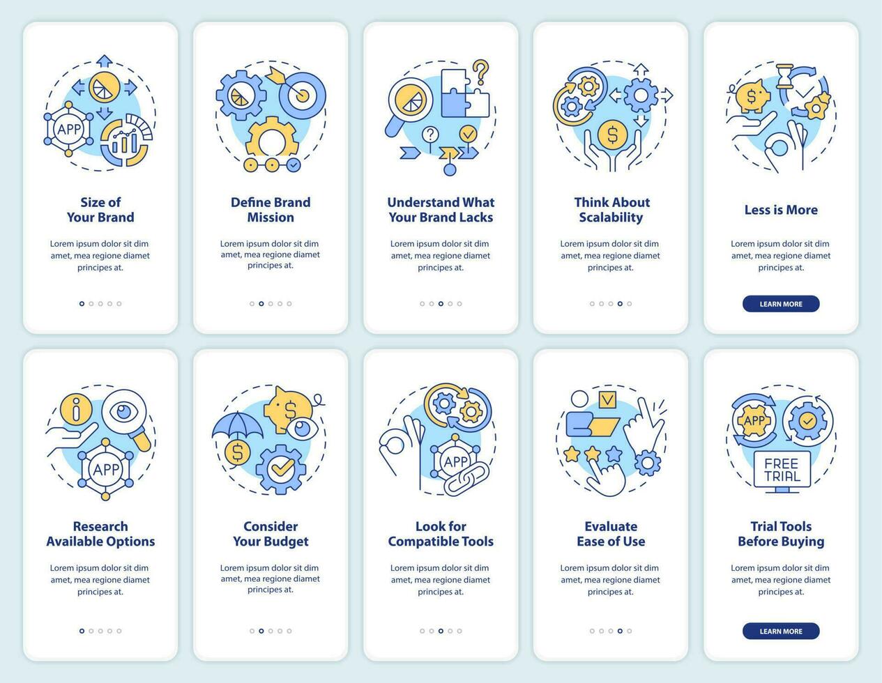 Choosing business tools tips onboarding mobile app screen set. Walkthrough 5 steps editable graphic instructions with linear concepts. UI, UX, GUI template vector