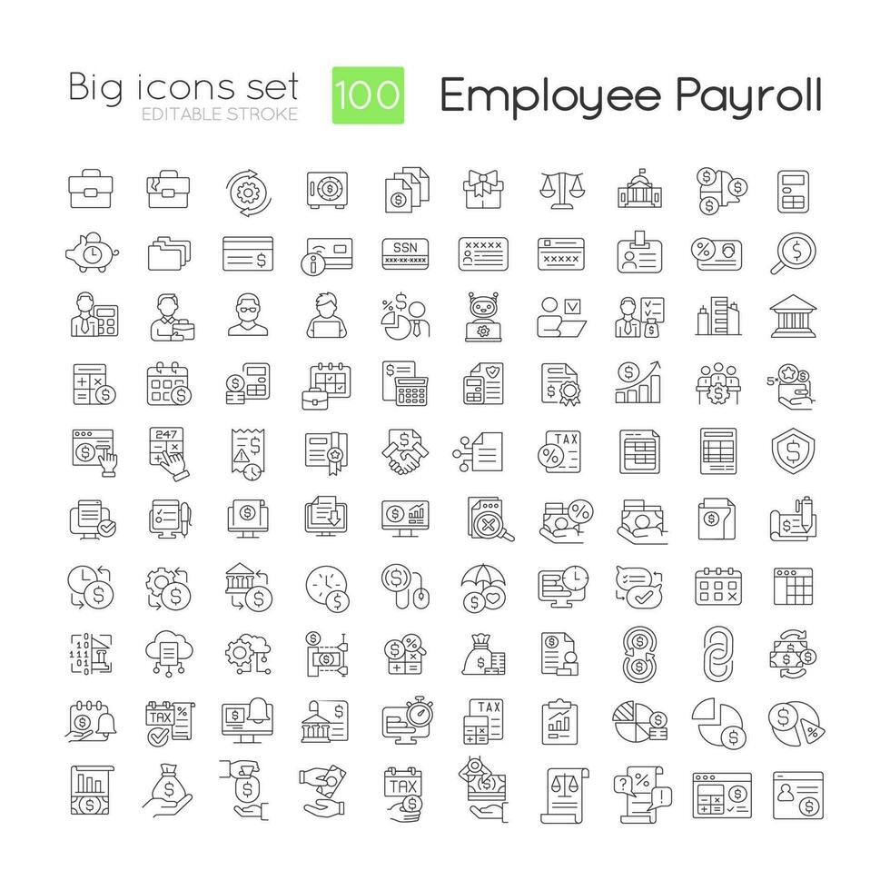 Employee payroll linear icons set. Wage payment regulation. Accounting service. Customizable thin line symbols. Isolated vector outline illustrations. Editable stroke