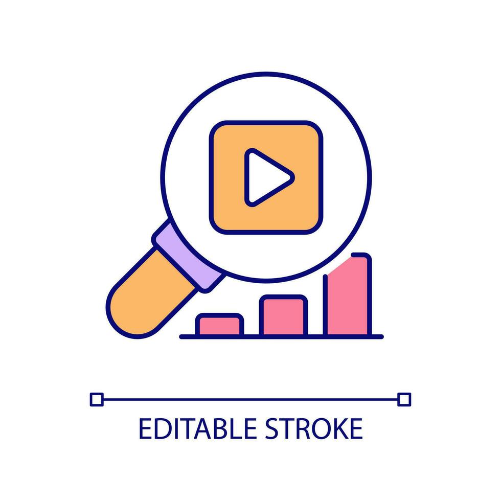 Analyzing video performance RGB color icon. Data analysis. Content creation. Digital marketing. Social media. Isolated vector illustration. Simple filled line drawing. Editable stroke