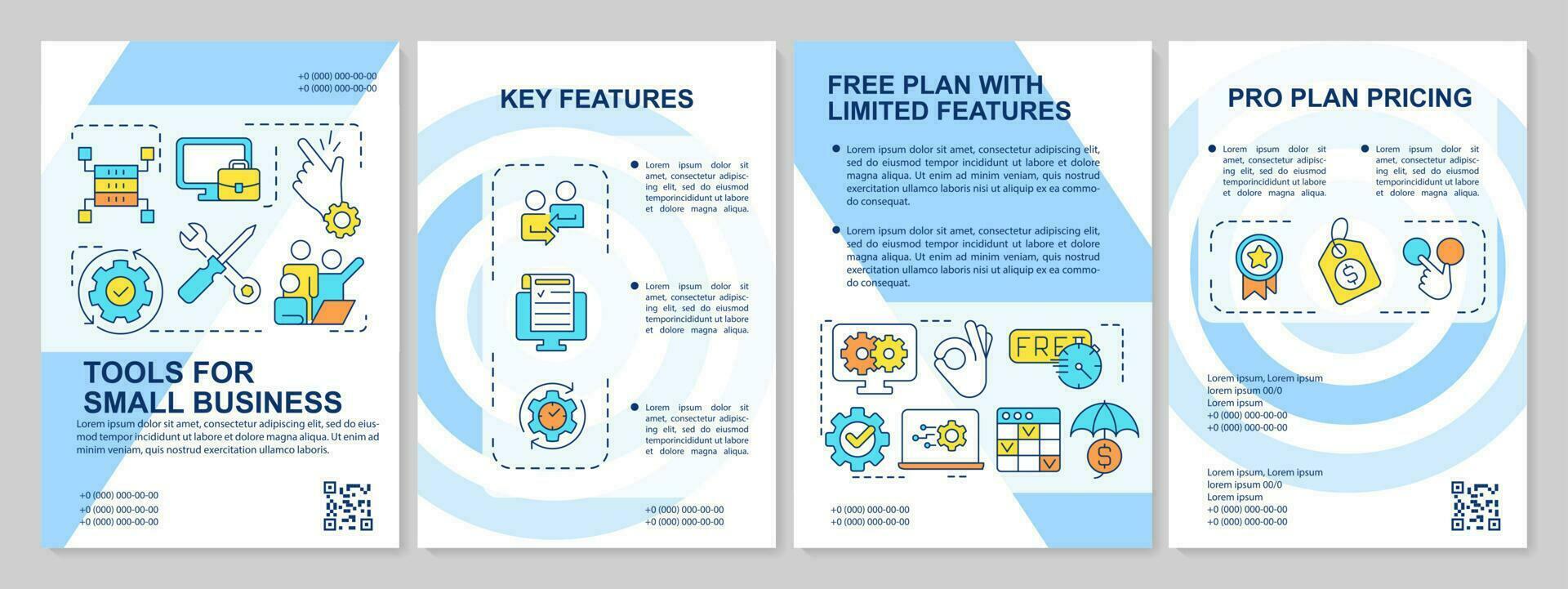 Solution for small business blue brochure template. Optimize. Leaflet design with linear icons. Editable 4 vector layouts for presentation, annual reports