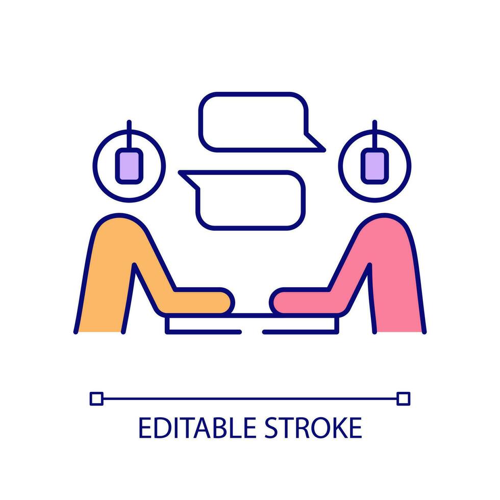 Conversational podcast format RGB color icon. Live streaming. Talk show. Entertaining content. Isolated vector illustration. Simple filled line drawing. Editable stroke