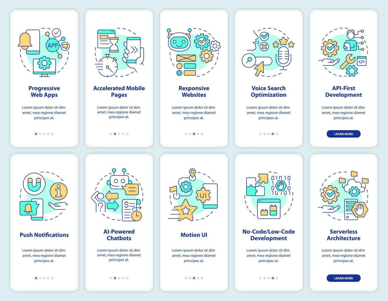 Trends in web technology onboarding mobile app screen set. Walkthrough 5 steps editable graphic instructions with linear concepts. UI, UX, GUI template vector
