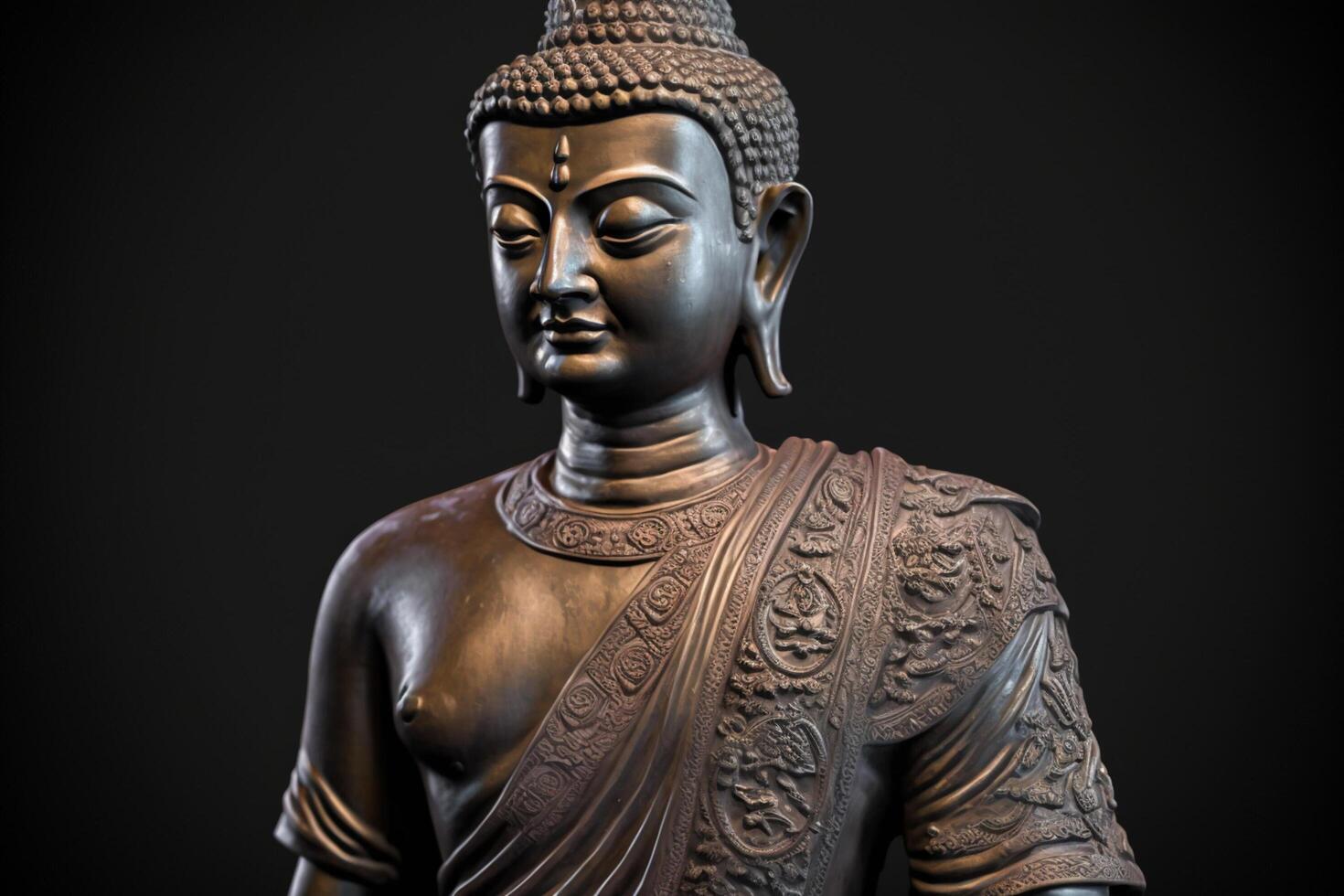 A thai buddha statue sits and meditating at buddhist temple. Ancient thailand buddha face. Background for vesak festival celebration. Vesak day concept. Vesak celebration day greetings by photo