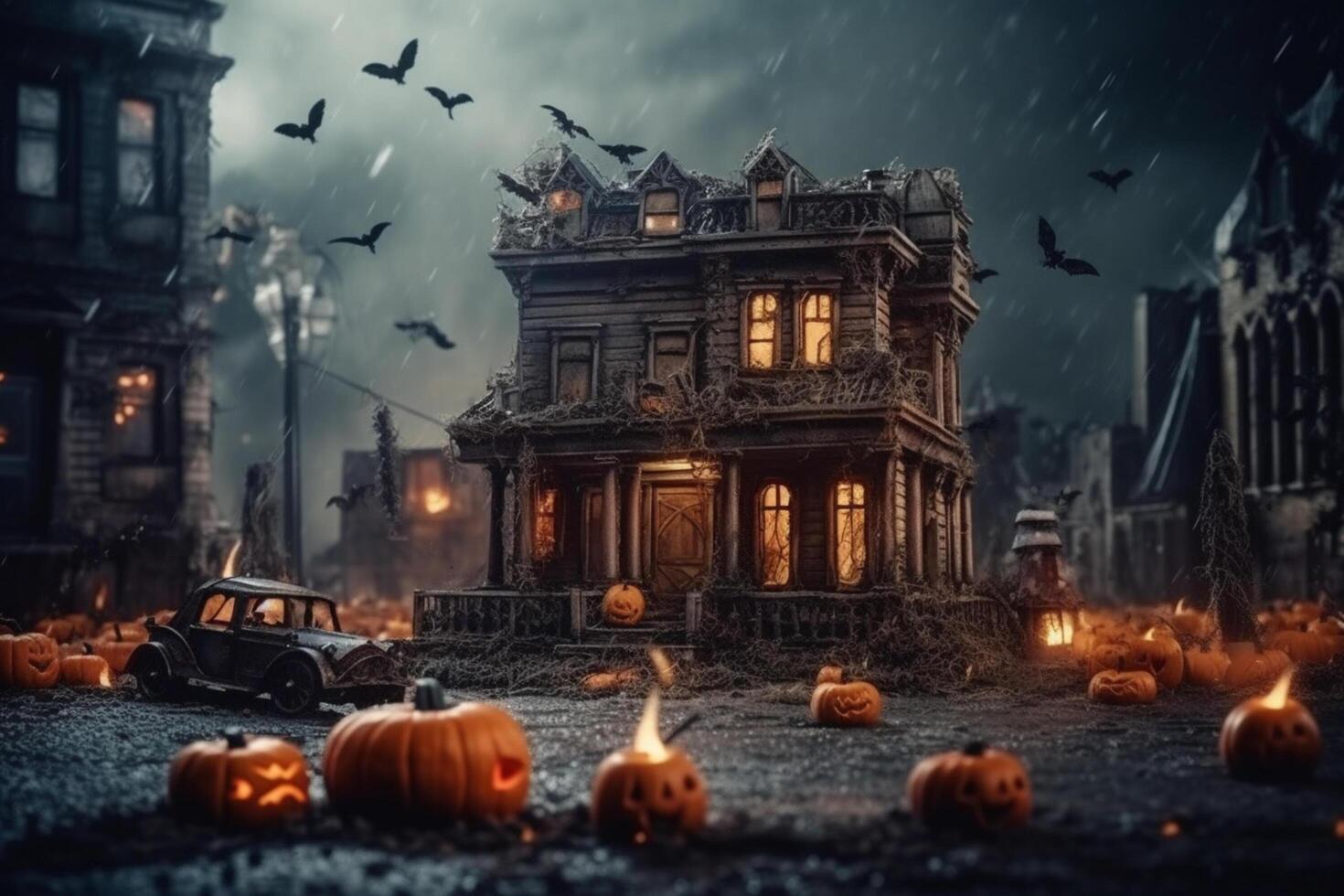 Haunted house on halloween celebration concept. Spooky house halloween background with deserted building and pumpkin. Scary house with creepy building at night by photo