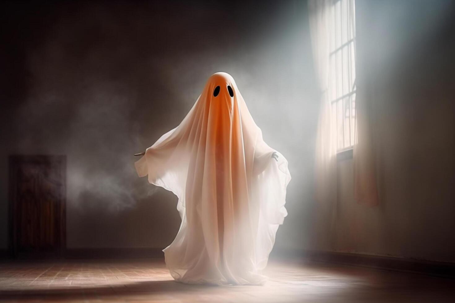 Human in spooky ghosts costume flying inside the old house or forest at night. Spooky halloween background with ghost. Ghost on halloween celebration concept by photo