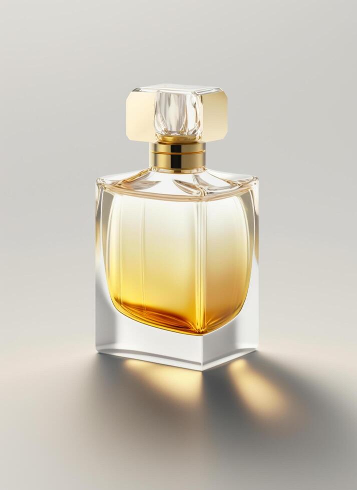 A high class bottle of glass perfume with yellow liquid. Aromatic perfume bottles on white background. For beauty product, cosmetic, perfume day, fragrance day or perfume launch event by photo