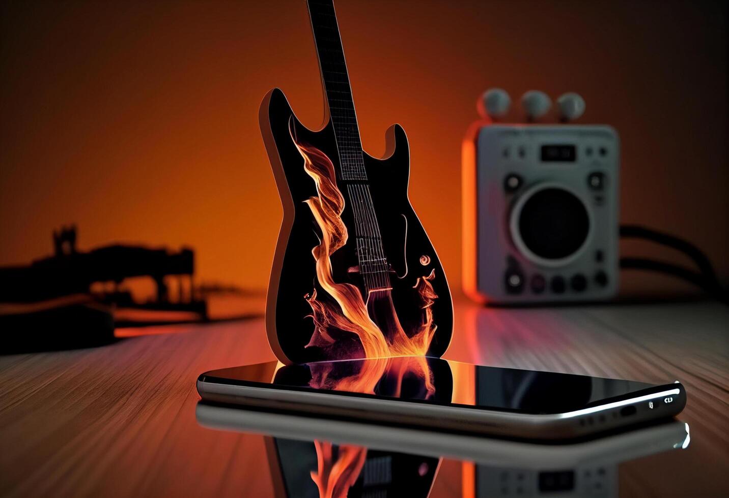 Photo music objects with guitar, gadget and coffee on the table in classic style. Beautiful electric guitar on with headphones and desktop musical creativity concept. World music day by