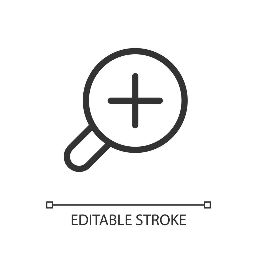 Magnifying glass with plus for map pixel perfect linear ui icon. Magnifier tool. Zoom in text. GUI, UX design. Outline isolated user interface element for app and web. Editable stroke vector