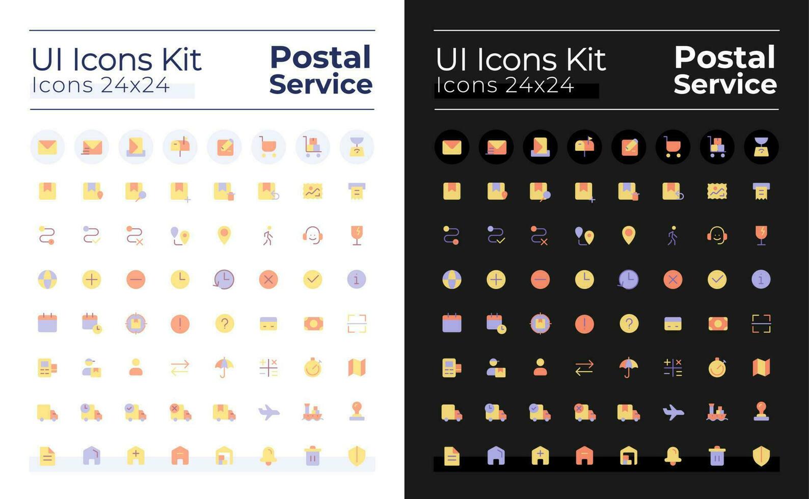 Mail service flat color ui icons set for dark, light mode. Delivery and postal services. GUI, UX design for mobile app. Vector isolated RGB pictograms