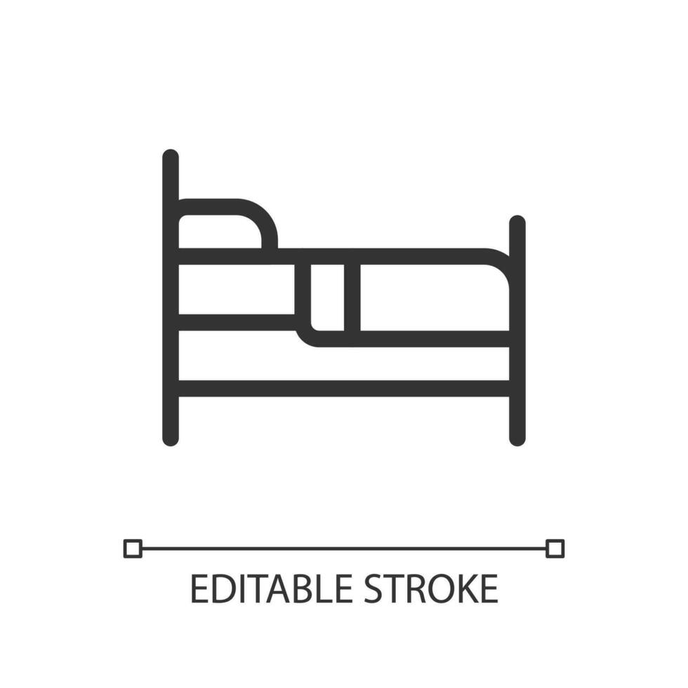 Finding bed to sleep pixel perfect linear ui icon. Rest area and hotel. Homeless shelter. GUI, UX design. Outline isolated user interface element for app and web. Editable stroke vector