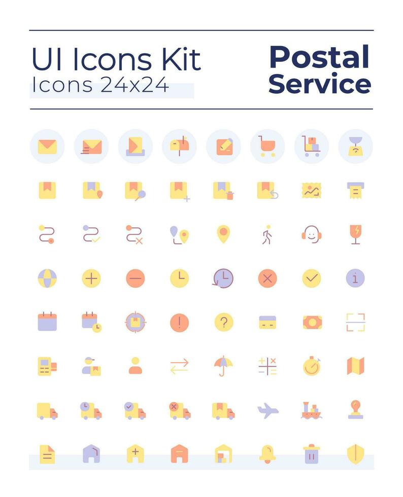 Postal service flat color ui icons set. Parcel delivery. Send and receive letter. Mailing. GUI, UX design for mobile app. Vector isolated RGB pictograms
