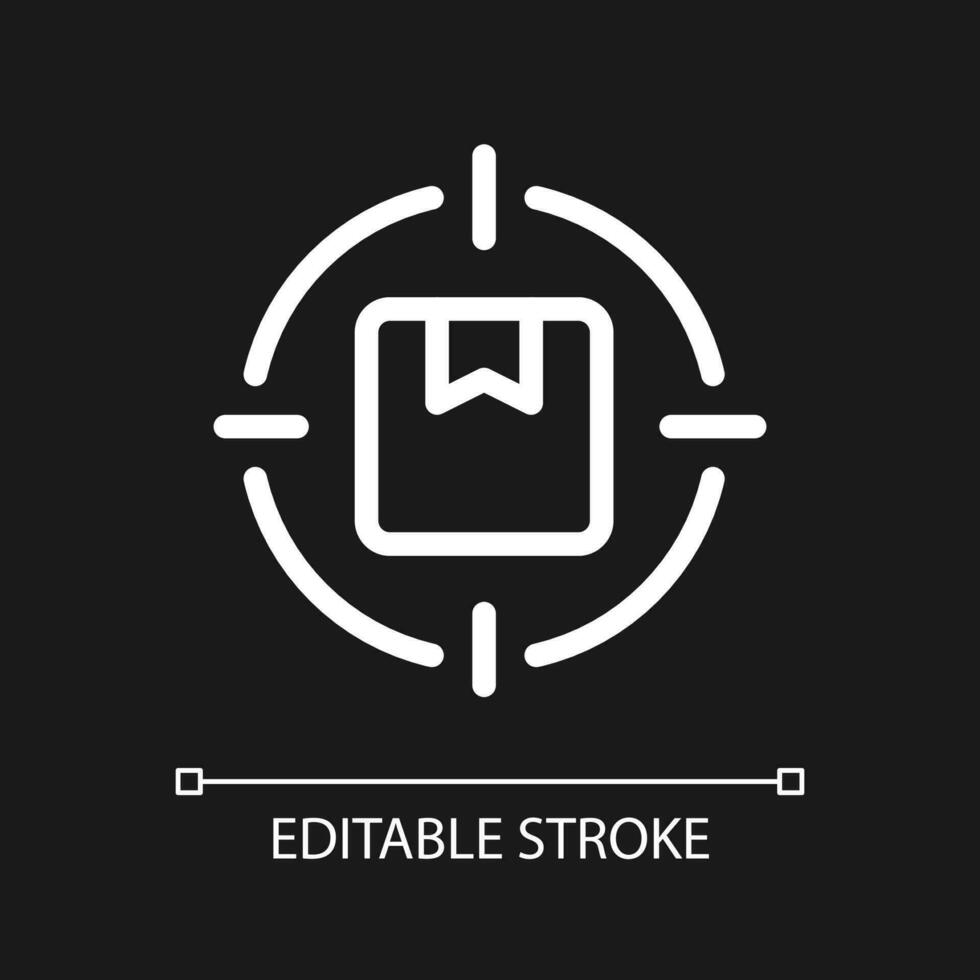 Focus on parcel pixel perfect white linear ui icon for dark theme. Priority package. Vector line pictogram. Isolated user interface symbol for night mode. Editable stroke