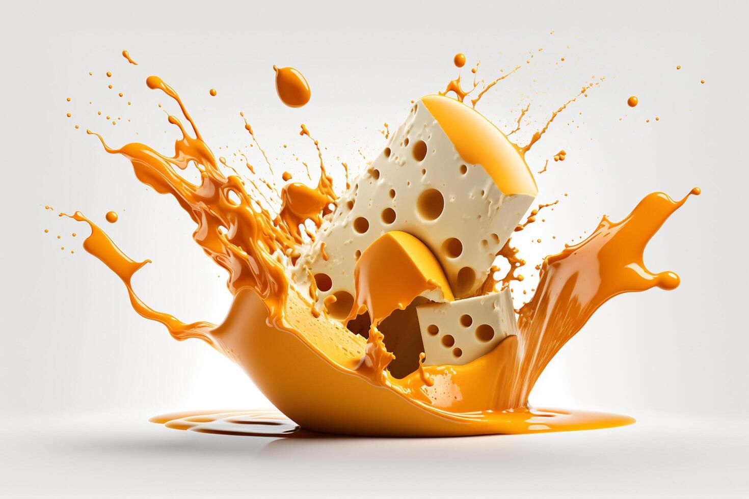A delicious melting cheese splash in a realistic style. Hot cheese or cheddar splash. Tasty cheese liquid splash. Cheese sauce crown splash. For italian food, world cheese day, dessert by photo