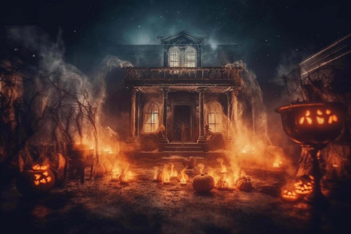 Haunted house on halloween celebration concept. Spooky house halloween background with deserted building and pumpkin. Scary house with creepy building at night by photo