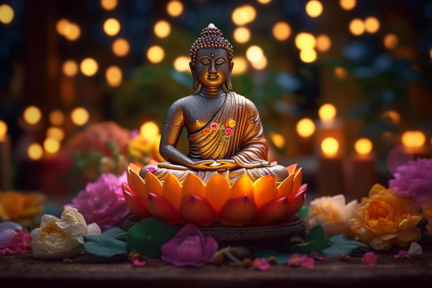 A buddha sits in a garden with a lotus and candles. Background for vesak festival celebration. Vesak day concept. Vesak celebration day greetings by photo