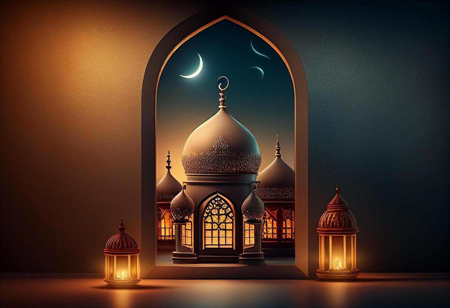 A windows depicts an islamic mosque at night with moon and lentern. In style of islamic city. Arched doorways. Eid al fitr background of window. Ramadan islamic lantern on a table by photo