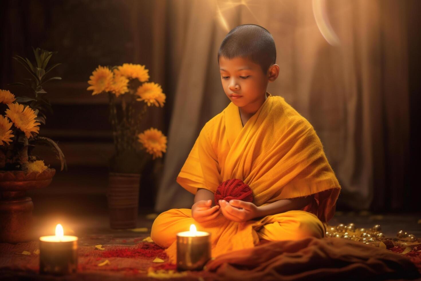 A young buddha sits in a garden with a lotus and candles. Background for vesak festival celebration. Vesak day concept. Vesak celebration day greetings by photo