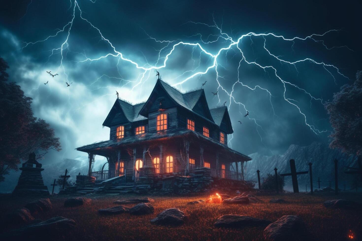 Haunted house on halloween celebration concept. Spooky house halloween background with deserted building and pumpkin. Scary house with creepy building at night by photo