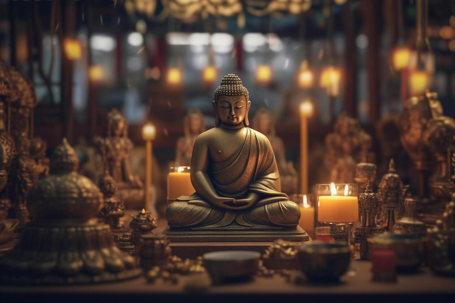 A buddha sits in a garden with a lotus and candles. Background for vesak festival celebration. Vesak day concept. Vesak celebration day greetings by photo