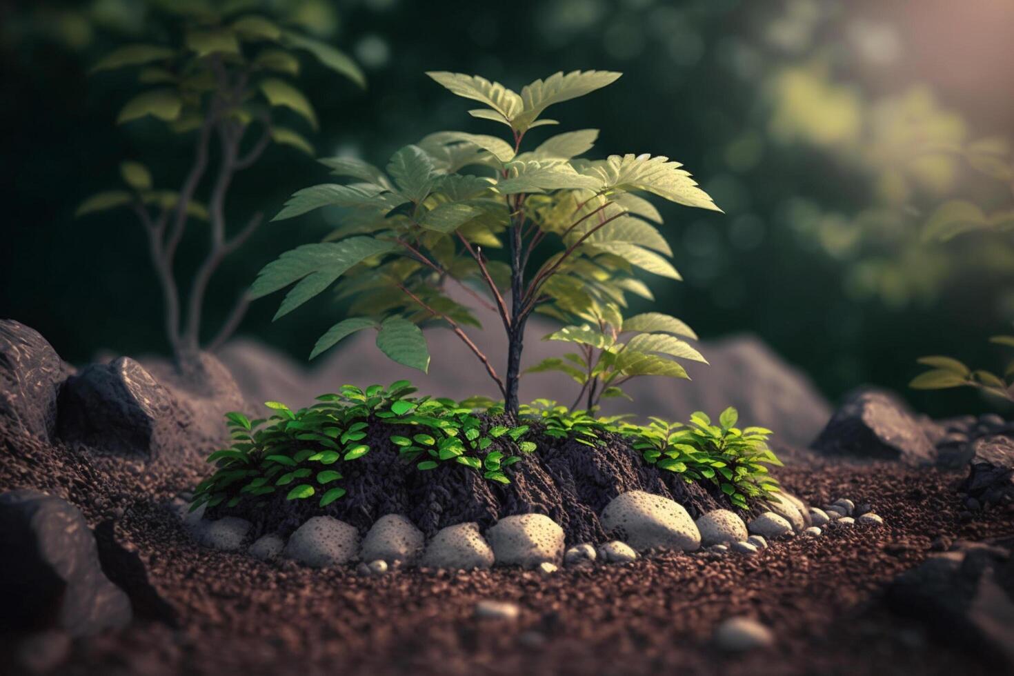 Plant growing in farm ground or forest with sunlight at daytime. Young plant is growing. World earth day. World environment day. Earth conservation, ecology or global warming by photo