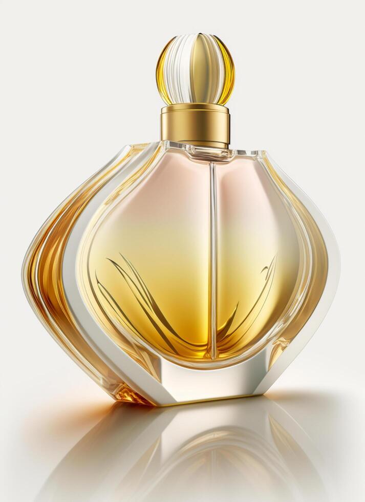 A high class bottle of glass perfume with yellow liquid. Aromatic perfume bottles on white background. For beauty product, cosmetic, perfume day, fragrance day or perfume launch event by photo