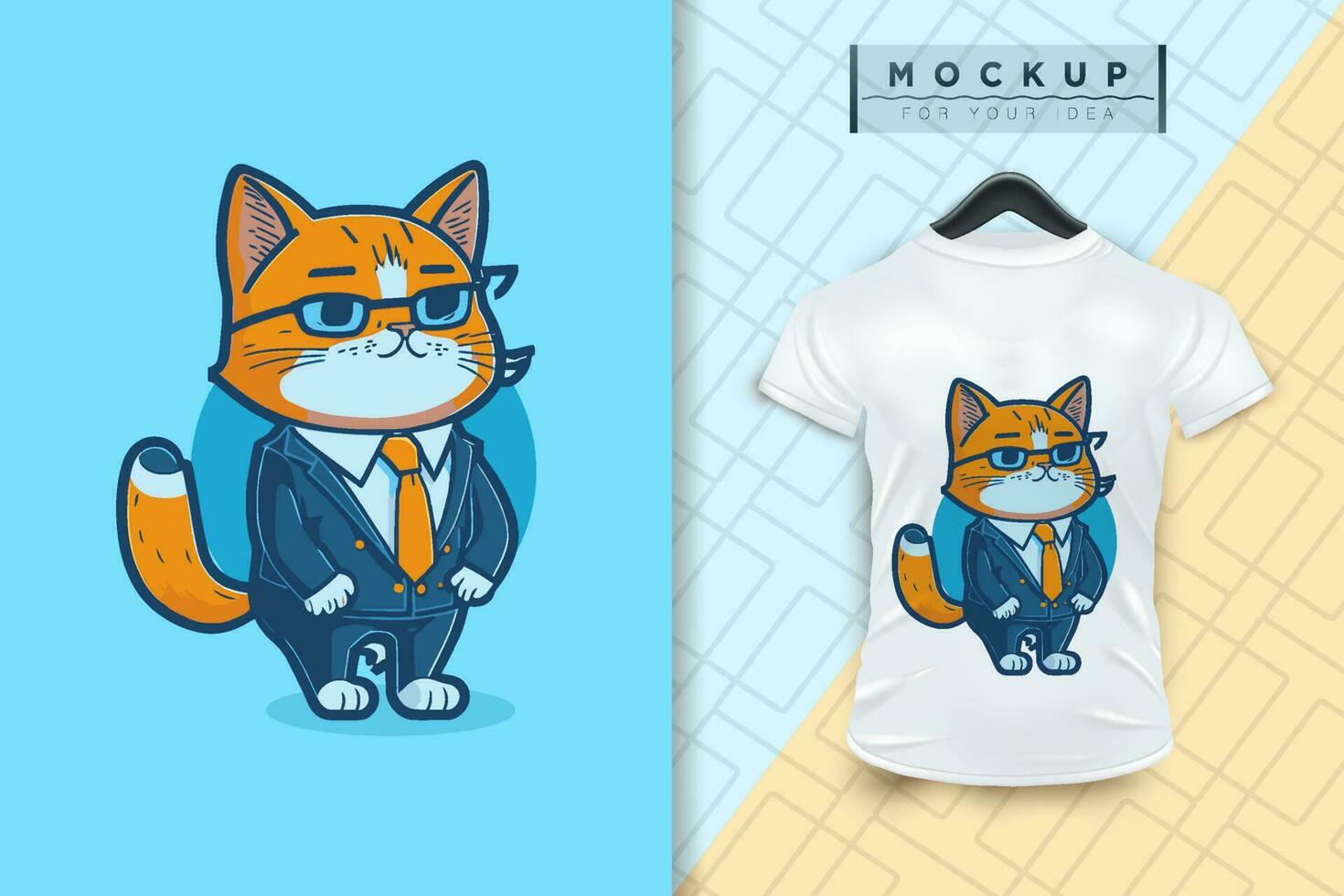 A cat wearing a uniform like an office worker and a businessman in flat cartoon character design vector