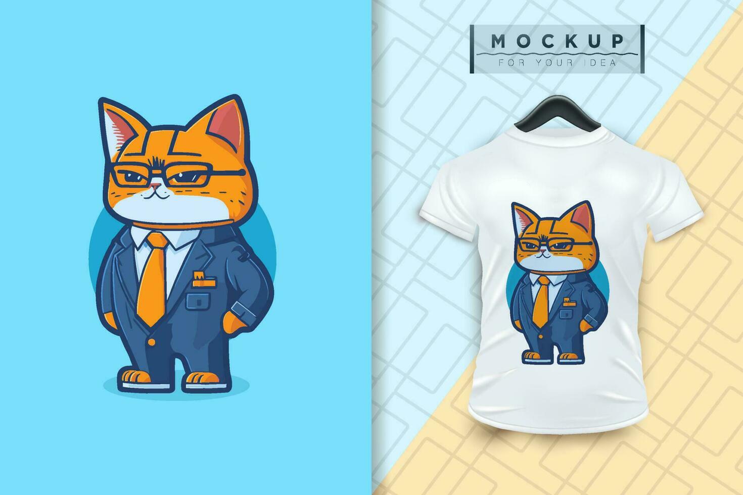 A cat wearing a uniform like an office worker and a businessman in flat cartoon character design vector