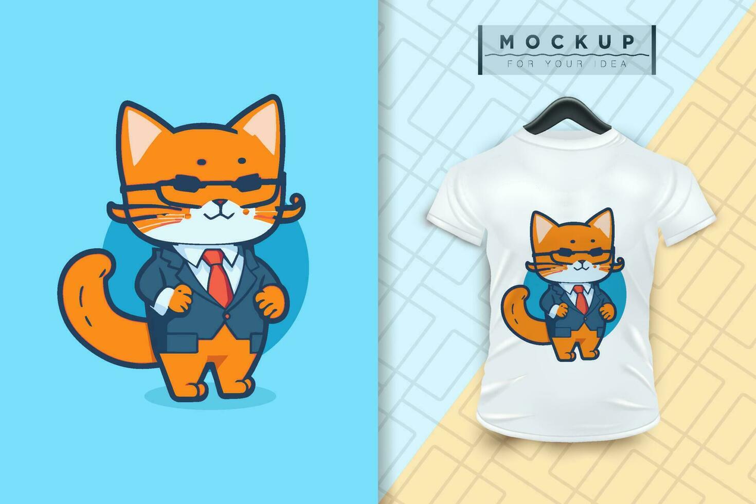 A cat wearing a uniform like an office worker and a businessman in flat cartoon character design vector