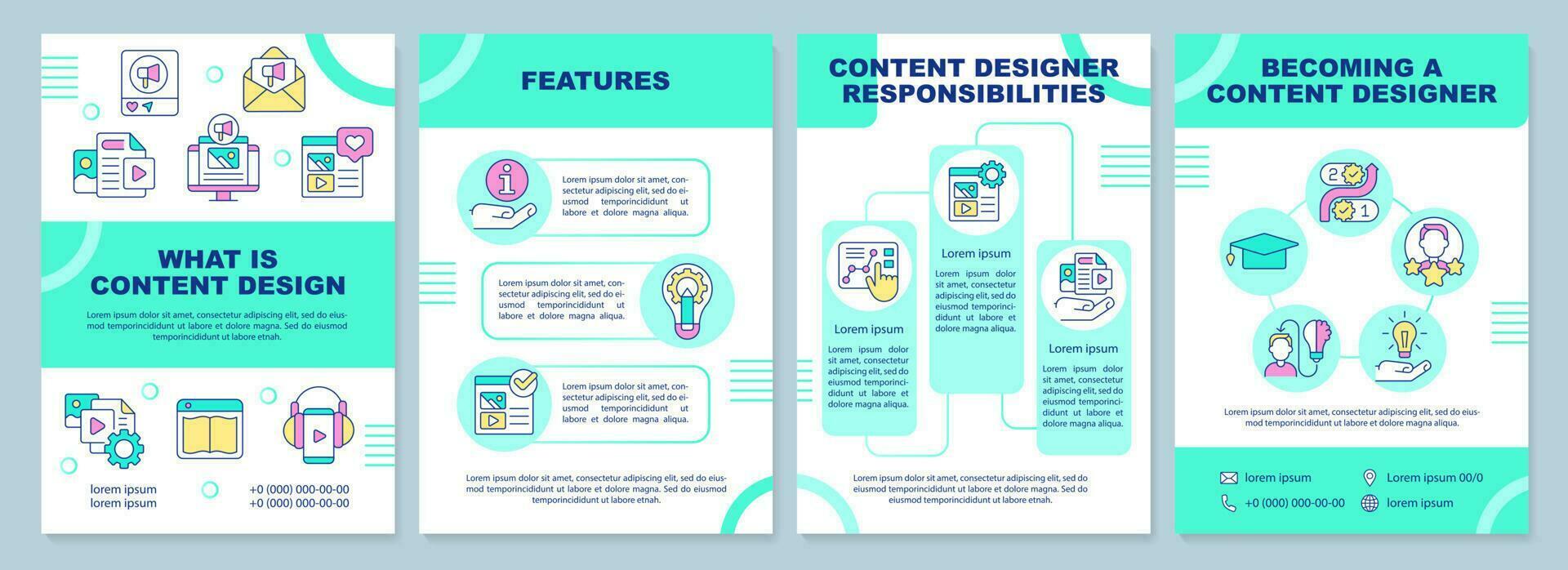 What is content design green brochure template. Leaflet design with linear icons. Editable 4 vector layouts for presentation, annual reports