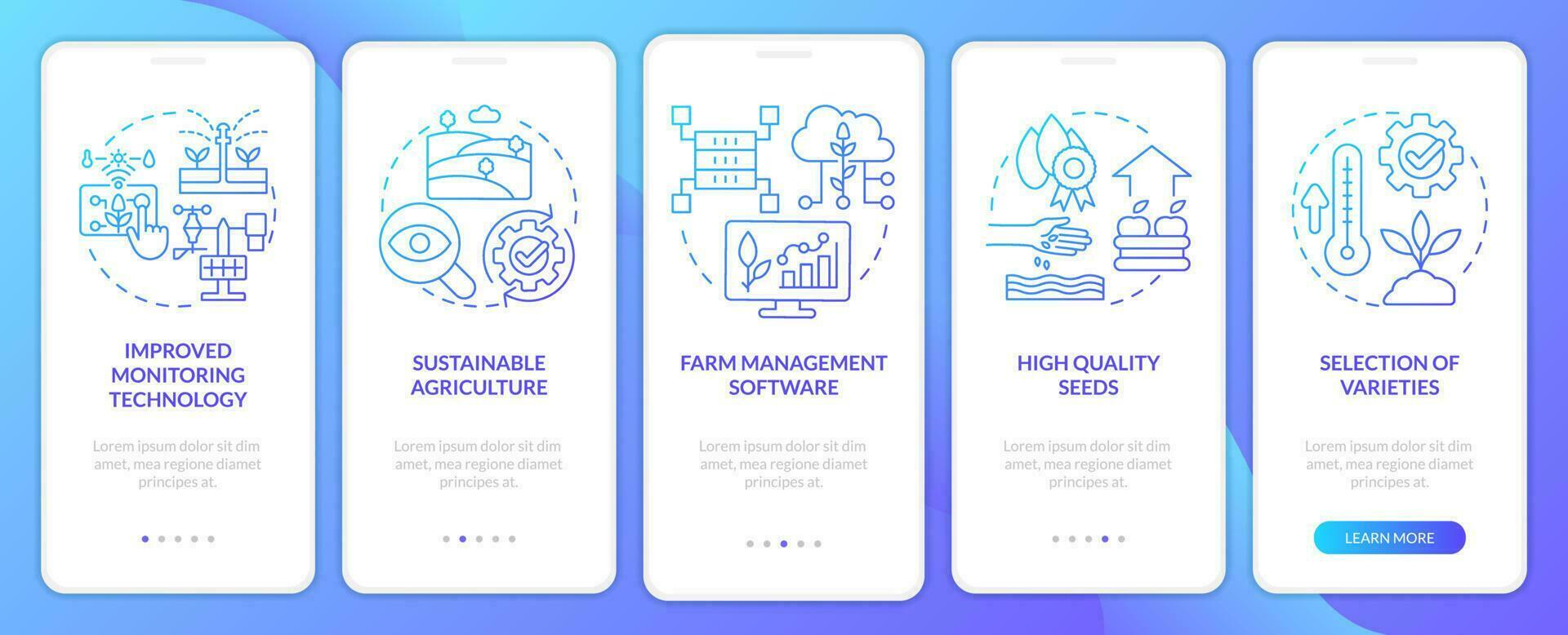 Increase agribusiness productivity blue gradient onboarding mobile app screen. Walkthrough 5 steps graphic instructions with linear concepts. UI, UX, GUI template vector