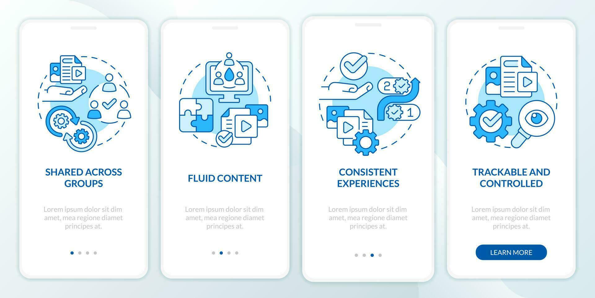 Content tips blue onboarding mobile app screen. Design creating walkthrough 4 steps editable graphic instructions with linear concepts. UI, UX, GUI template vector