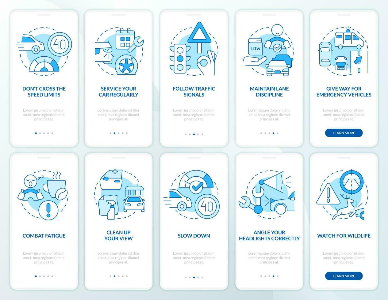 Driving safety blue onboarding mobile app screen set. Regulations walkthrough 5 steps editable graphic instructions with linear concepts. UI, UX, GUI template vector