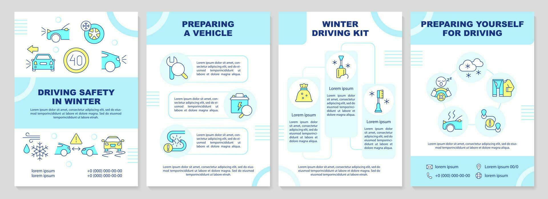 Wintertime driving safety rules brochure template. Leaflet design with linear icons. Editable 4 vector layouts for presentation, annual reports